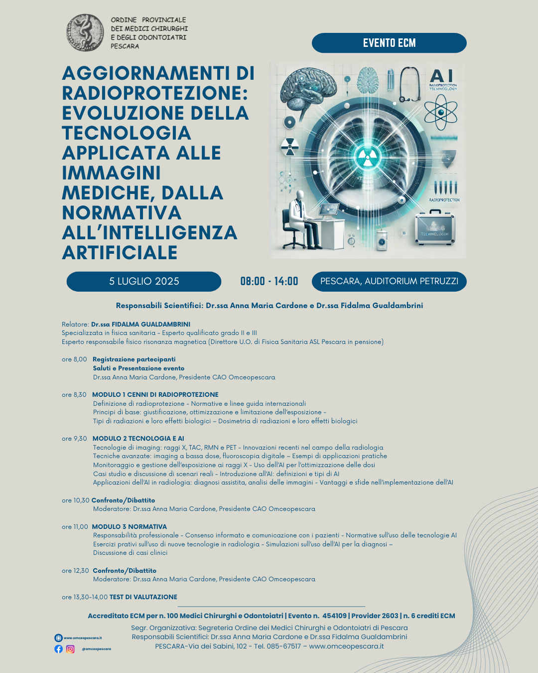 Clicca per accedere all'articolo Pescara, 5 luglio: corso ECM su radioprotezione, intelligenza artificiale e normativa in Radiologia