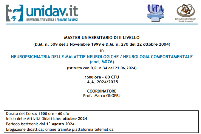 Clicca per accedere all'articolo Master di II Livello in Neuropsichiatria delle malattie neurologiche / neurologia comportamentale