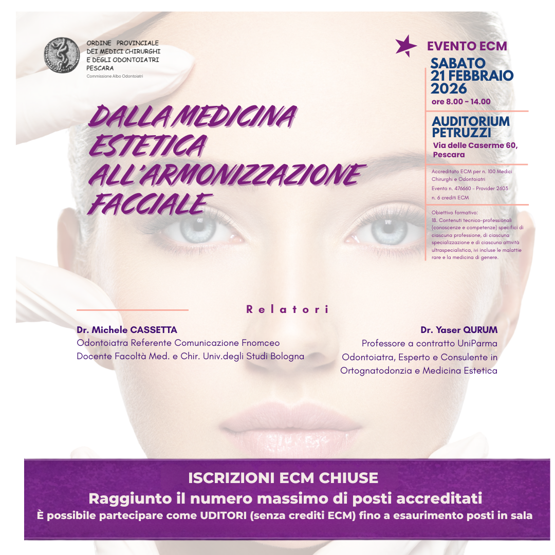 Clicca per accedere all'articolo Iscrizioni ECM chiuse per l’evento “Medicina estetica e armonizzazione facciale”.